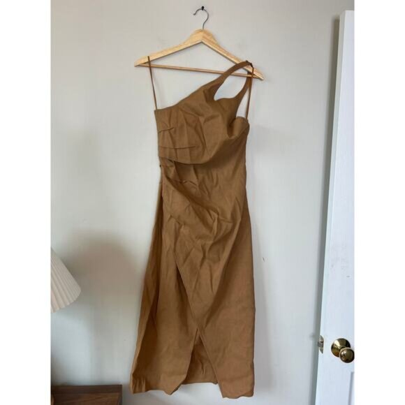 NEW A.L.C. Sylvie Linen Halter-Neckline Asymmetric Pleat Midi Dress Brown Size:2 - Picture 2 of 7
